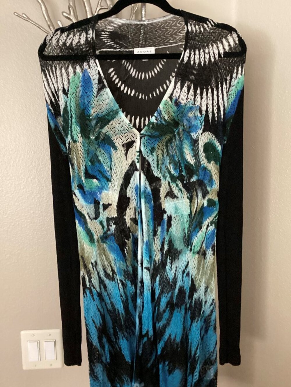 Adore blue, green and black knit open top, wrap, jacket, size large